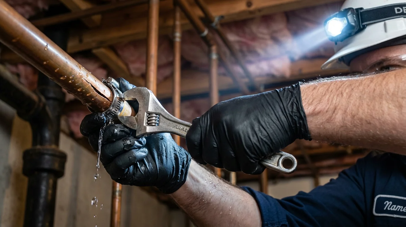 Emergency pipe clamp repair being performed by a Johns Plumbing LLC plumber in Chino Valley