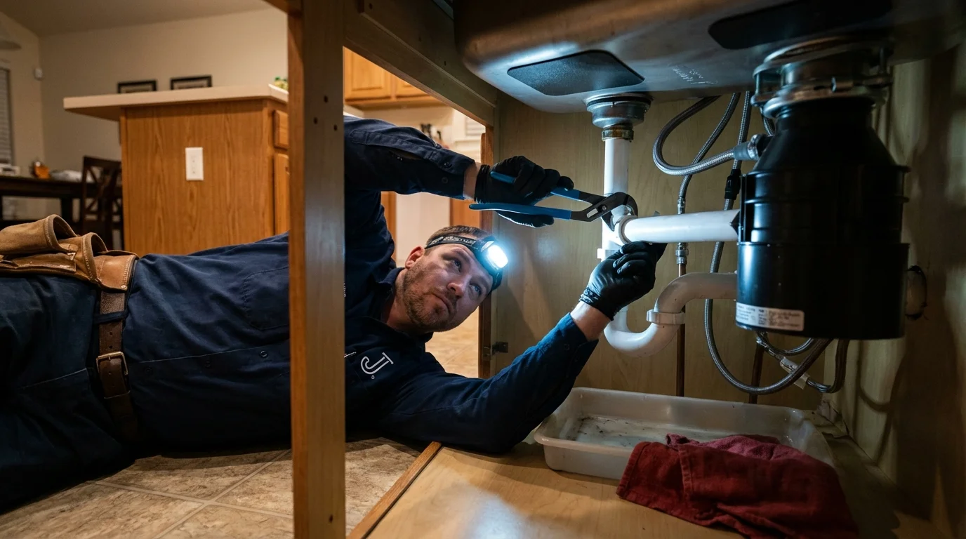 P-trap and supply line connections under a kitchen sink showing a common leak point in Chino Valley, AZ